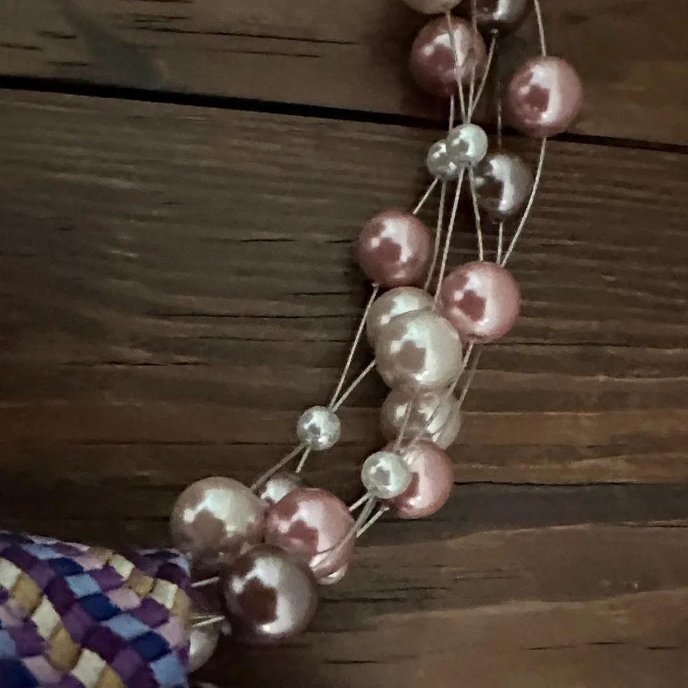 Purple and Gold Beaded Necklace with silk tie & Brooch
